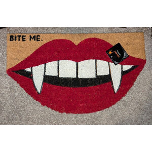 Bite Me. Vampire Fangs Lips Halloween Coir Doormat 16in x 28in New Fall